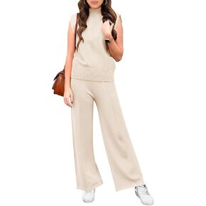ANRABESS Women 2 Piece Outfits Mock Neck Sweater Vests Wide Leg Pants Lounge Matching Set Spring Vacation Travel Clothing