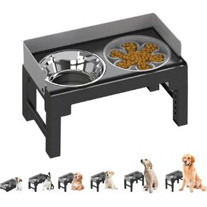 PAKEWAY Elevated Dog Bowls, Spill Proof, Tiltable Dog Feeder with 1 Stainless Steel Bowls &1 Slow Feeder Dog Bowls, 6 Height Adjustable Raised Dog Bowls Stand for Medium Large Dogs