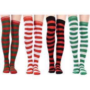 JOVITEC 4 Pairs Christmas Striped Knee High Socks Long Xmas Socks Elf Stockings Red Green White Stripe Socks for Christmas Women Costume