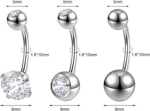 3/5PCS 14G Belly Button Rings for Women Surgical Stainless Steel Gold Belly Button Piercing Silver Belly Rings Cubic Zirconia Navel Rings Body Piercing, 6/8/10/12MM in Saudi Arabia