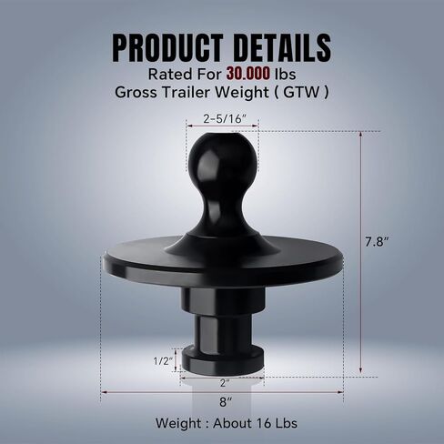 وصلة وصلة محول كرة Gooseneck 2085295، رش بلاستيكي، 2-5/16 بوصة Kingpin إلى محول استقبال سحب الكرة Gooseneck مع سعة تحميل 30000 رطل، مناسب لمقطورة جرار ذات عجلة خامسة باللون الأسود in Kuwait