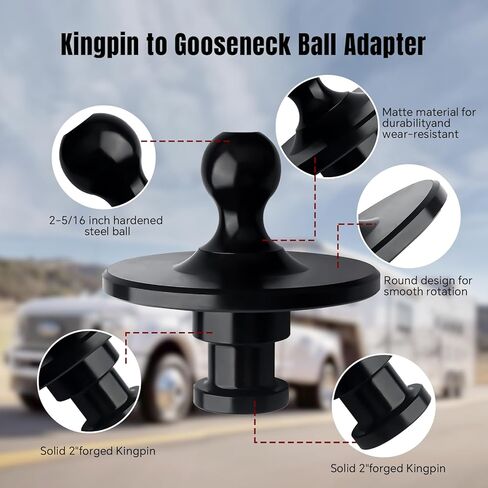 وصلة وصلة محول كرة Gooseneck 2085295، رش بلاستيكي، 2-5/16 بوصة Kingpin إلى محول استقبال سحب الكرة Gooseneck مع سعة تحميل 30000 رطل، مناسب لمقطورة جرار ذات عجلة خامسة باللون الأسود in Kuwait