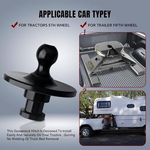 وصلة وصلة محول كرة Gooseneck 2085295، رش بلاستيكي، 2-5/16 بوصة Kingpin إلى محول استقبال سحب الكرة Gooseneck مع سعة تحميل 30000 رطل، مناسب لمقطورة جرار ذات عجلة خامسة باللون الأسود in Kuwait