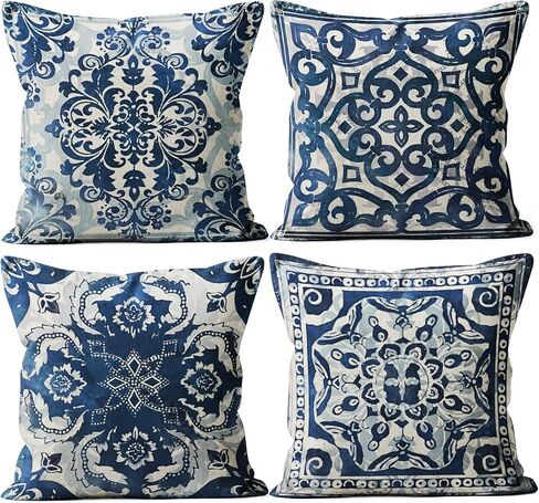 Blue Throw Pillow Covers - Linen Blue Pillow Covers 18x18 Set of 4, Decorative Blue and White Pillow Covers, Chinoiserie Pillow Cover, Chinoiserie Decor in Saudi Arabia