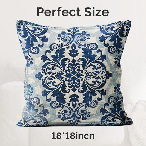 Blue Throw Pillow Covers - Linen Blue Pillow Covers 18x18 Set of 4, Decorative Blue and White Pillow Covers, Chinoiserie Pillow Cover, Chinoiserie Decor in Saudi Arabia