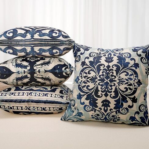 Blue Throw Pillow Covers - Linen Blue Pillow Covers 18x18 Set of 4, Decorative Blue and White Pillow Covers, Chinoiserie Pillow Cover, Chinoiserie Decor in Saudi Arabia