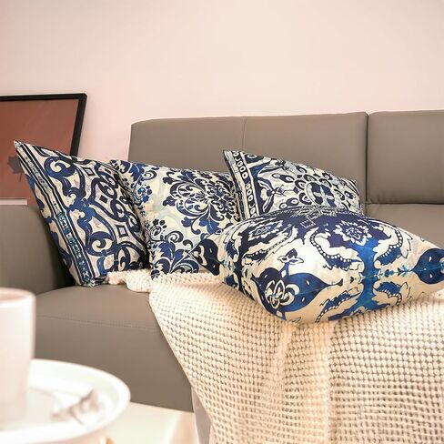 Blue Throw Pillow Covers - Linen Blue Pillow Covers 18x18 Set of 4, Decorative Blue and White Pillow Covers, Chinoiserie Pillow Cover, Chinoiserie Decor in Saudi Arabia