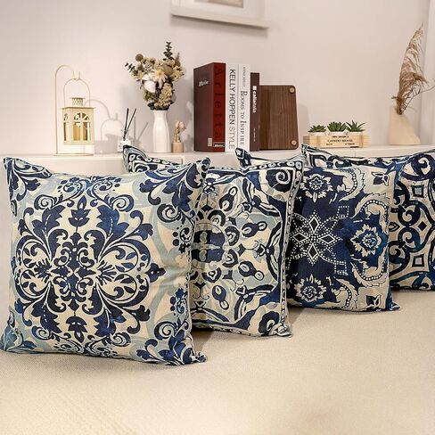 Blue Throw Pillow Covers - Linen Blue Pillow Covers 18x18 Set of 4, Decorative Blue and White Pillow Covers, Chinoiserie Pillow Cover, Chinoiserie Decor in Saudi Arabia