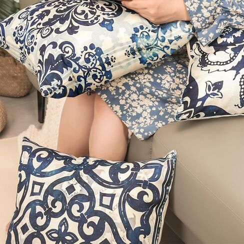 Blue Throw Pillow Covers - Linen Blue Pillow Covers 18x18 Set of 4, Decorative Blue and White Pillow Covers, Chinoiserie Pillow Cover, Chinoiserie Decor in Saudi Arabia