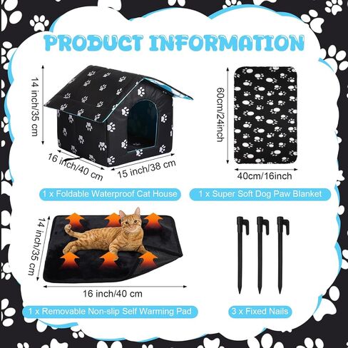Outdoor Waterproof Cat House Stray Pet House Outdoor Houses for Feral Cat Houses for Outdoor Cats Dog Collapsible Cat Shelter with Cat Self Warming Pad, Cat Blanket, 3 Pcs Tent Stakes in Saudi Arabia