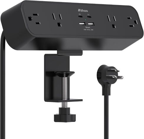 PD 30W Desk Clamp Power Strip, Desktop Mount Surge Protector, Fast Charging Station, Desk Mount Power Strip with 4 Outlets 4 USB Ports (2 USB C), 5Ft Extension Cord Desk Outlets for Home Office School in Saudi Arabia