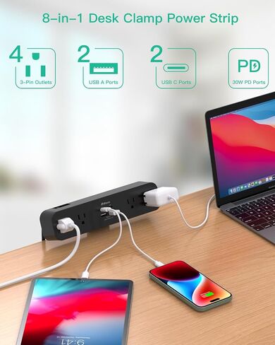 PD 30W Desk Clamp Power Strip, Desktop Mount Surge Protector, Fast Charging Station, Desk Mount Power Strip with 4 Outlets 4 USB Ports (2 USB C), 5Ft Extension Cord Desk Outlets for Home Office School in Saudi Arabia