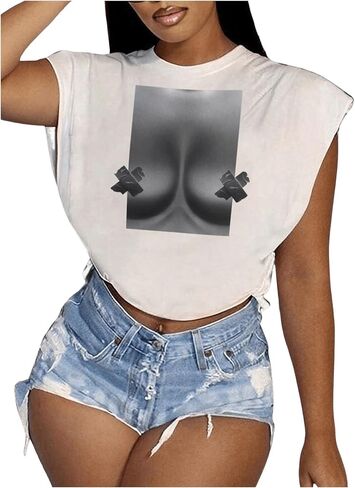 Women's Figure Print Round Neck Crop Tee Casual Sleeveless Loose Fit Pullover T Shirt in Saudi Arabia