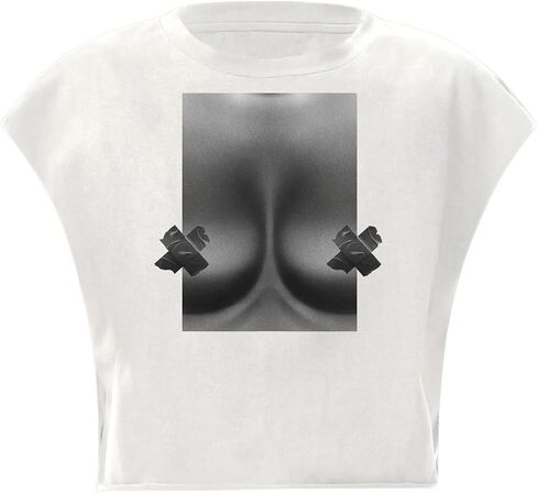 Women's Figure Print Round Neck Crop Tee Casual Sleeveless Loose Fit Pullover T Shirt in Saudi Arabia