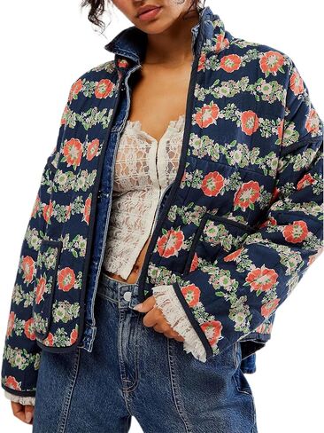 Women's Winter Quilted Lightweight Jackets Cropped Floral Print Oversized Padded Puffer Coat in Saudi Arabia