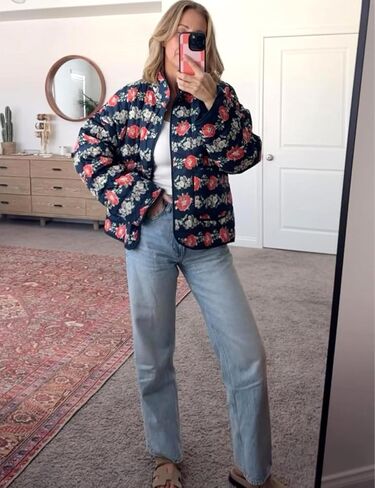 Women's Winter Quilted Lightweight Jackets Cropped Floral Print Oversized Padded Puffer Coat in Saudi Arabia