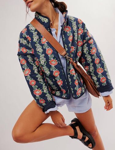 Women's Winter Quilted Lightweight Jackets Cropped Floral Print Oversized Padded Puffer Coat in Saudi Arabia