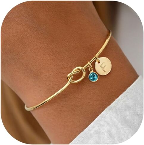 Initial Birthstone Gold Bracelets for Women Bridesmaid Proposal Gift Tie the Love Knot Cuff Bangle Bracelet 14K Gold Plated Adjustable Birthstone Bracelets Personalized A-Z Initial Charm Birthday Gift in Saudi Arabia