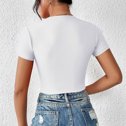 Women's Tie Up Crop Tops Sexy T-Shirt Front Deep V-Neck T-Shirt for Women Outfits Open Type Short Sleeves in Saudi Arabia