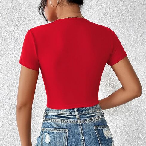 Women's Tie Up Crop Tops Sexy T-Shirt Front Deep V-Neck T-Shirt for Women Outfits Open Type Short Sleeves in Saudi Arabia