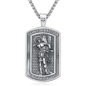 Saint Sebastian Necklace 925 Sterling Silver St Sebastian Square Pendant Medal Medallion St Sebastian Necklace Religious Protection Amulet Sebastian Jewelry Gifts for Men