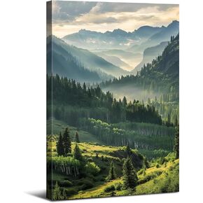 Misty Mountain Wall Art Sunrise Foggy Forest Wall Decor Nature Green Trees Canvas Painting Smoky Mountains Landscape Photo Prints Woodland Artwork for Living Room Office Home Decorations 12x16"