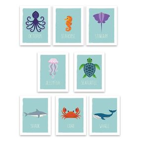 Ocean Animals Wall Cards, Nautical Nursery Room Decor, Kids Educational Marine Art, Toddler Gift, Set of 8 5x7 inch Prints for Classroom, Daycare and Playroom