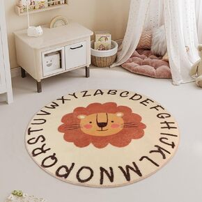 3ft Round Lion Rug, Soft Safari Nursery Rug, Educational Area Alphabet Rug for Kids Playroom Nursery Decor, Nonslip Play Mat, Animals Carpet, Jungle Rug Boy