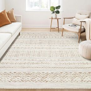 Large Living Room Area Rug 5x7: Soft Machine Washable Boho Moroccan Farmhouse Rugs for Bedroom Under Dining Table - Non-Slip Neutral Morden Indoor Floor Rug Carpet for Home Office Decor - Brown/Cream