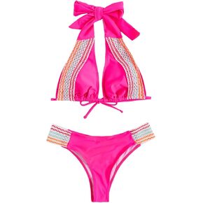 MakeMeChic Women's Striped Halter 2 Piece Swimsuit Deep V Neck High Waisted Bikini Sets Bathing Suit