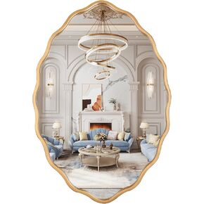 20 * 30 Inch Brushed Gold Oval Ripple Bathroom Mirror Wall Mounted Large Modern Countryside Suitable for Washroom, Bedroom, Living Room, Entryway