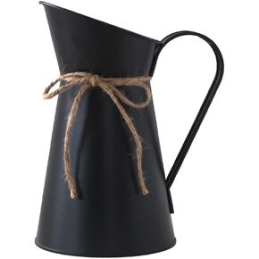 VOSAREA Vintage French Pitcher Vase, Galvanized Rustic Vases 7.6inch Small Water Jug Metal Bucket Milk Can with Handle Rope for Dried Flowers Farmhouse Pot Black