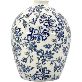Blue & White Floral Craquelure Ceramic Decorative Vase 12.8" - Rustic Terracotta Farmhouse Cottagecore |Kitchen Dining Living Room Home Décor