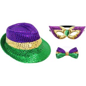 Fumwase 3Pcs Mardi Gras Costumes Accessories Set Sequin Mardi Gras Mask Mardi Gras Hat Bow Tie for Men Women Mardi Gras Outfit for Halloween Party