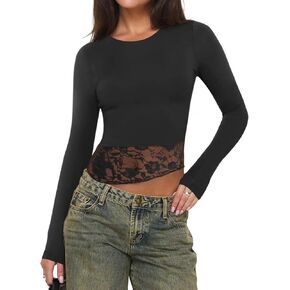 PINKMSTYLE Womens Sexy Lace Crew Neck Long Sleeve Shirts Double Lined Y2K Crop Tops Tight Shirts Going Out Tops