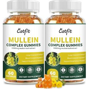 (2 Pack) Mullein Gummies for Lungs – 10,000mg Mullein Leaf Extract with Quercetin, Elderberry for Respiratory & Immune Support, Lung Cleanse, Breathing & Detox, Vegan, Pineapple Flavor, 60 Gummies