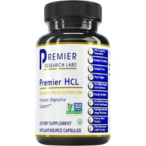 Premier Research Labs Premier HCL - Betaine HCL, Betaine Hydrochloride Supplement for Optimal Digestive Function, Nutrient Absorption, Betaine-HCL for Low Stomach Acid- 90 Vegetarian Capsules