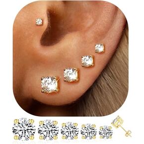 5 Pairs 14K Gold Plated Stainless Steel Stud Earrings for Women, Hypoallergenic Earring Sets for Multiple Piercing, Premium Cubic Zirconia Studs Earrings for Women