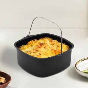 8inch Square Non Stick Cake Mold Air Fryer Pan Stainless Steel Baking Tray Pan Roasting Basket Bakeware Mold Fryer Accessorie(With 6 Mugs)