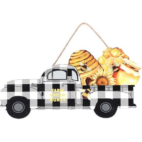 Vintage Hanging Buffalo Plaid Truck Bee Board Sign Wooden Hanging Truck Carrying Bee Honeycomb Farmhouse Door Sign Plaque Decor for Kitchen Room Farm Front Door Porch, 11.8 Inch