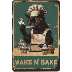 DZQUY Wake N' Bake Metal Sign Black Cat Wall Decoration Kitchen Wall Art Cat Lover For Home Living Room Bedroom Garden Bars Restaurants Cafes Pubs Shop Decor 12 X 8 Inch