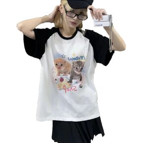 Women's Kawaii Cat Print T-Shirts Cartoon Letter Japan Style Kitten Short Sleeve Cute Print Tops Sweet Girl Y2k Tee Tops