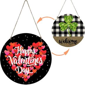Reversible Valentines Day Door Decorations St Patricks Day Door Decorations Heart Decor Shamrock Wreath Happy Valentines Day Sign Wooden Valentines Door Hanger for Front Door Wall Indoor Home Decor