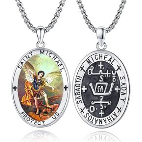 Saint Michael Necklace 925 Sterling Silver Archangel St. Michael Sigil Pendant Necklace, St Michael Medal Jewelry for Men with 22 in Chain