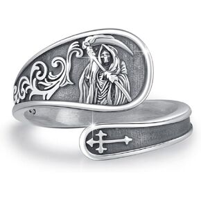 Grim Reaper Spoon Ring 925 Sterling Silver Men's Grim Reaper Ring Adjustable Ring Skull Jewelry Halloween Christmas Gift for Man Women #8