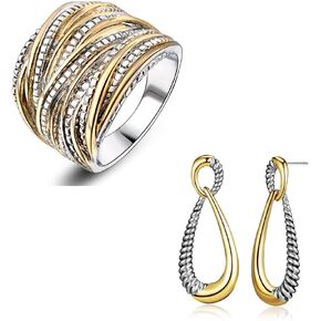 Statement Rings with Two Tone Cable Dangle Earrings Jewelry Sets for Women (Size 8)
