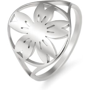 TEAMER Hollow Cherry Blossom Ring Stainless Steel Bohemian Sakura Band Ring Exquisite Floral Jewelry for Women
