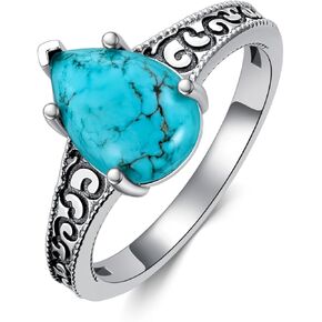 Genuine Turquoise Rings for Women Natural Teardrop Stone 925 Sterling Silver Vintage Boho Jewelry Rings for Mom Wife
