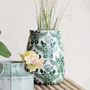 Creative Co-Op Terra-Cotta Planter Vase with Flower Pattern and Crackle Glaze, Green and White