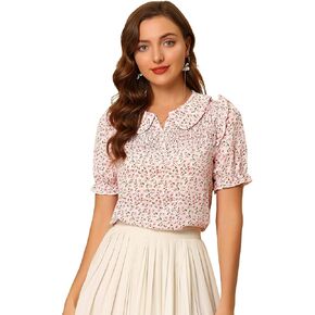 Allegra K Vintage Peter Pan Collar Tops for Women's Puff Short Sleeve Ruffle Smocked Floral Blouse